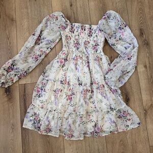 Rewind Floral Long Sleeve Dress - Cream and Purple